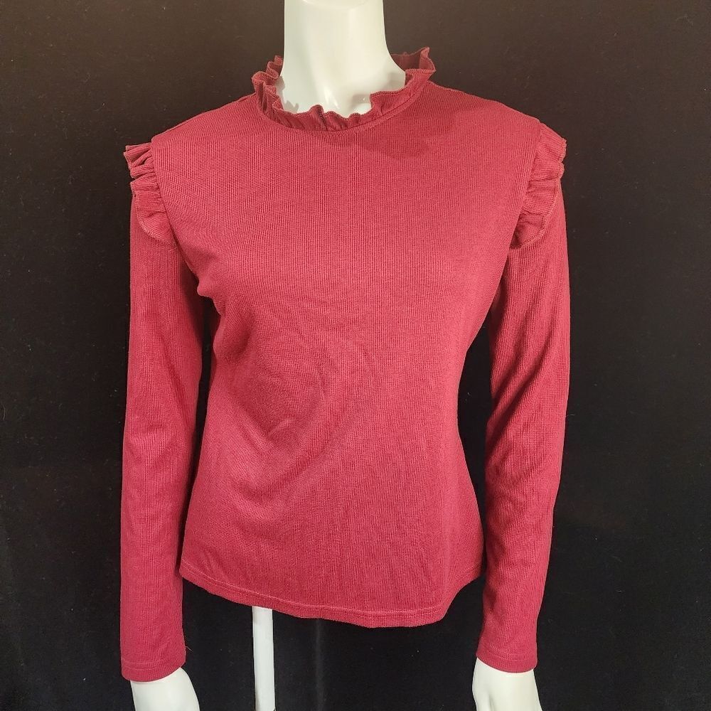 Maroon Ruffle Long Sleeve Ribbed Top (M) - Picture 4 of 6